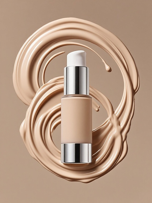 周围环绕着呈流动、漩涡状的同色系粉底液膏体，膏体具有光滑、富有光泽，流动感，浅米色渐变背景