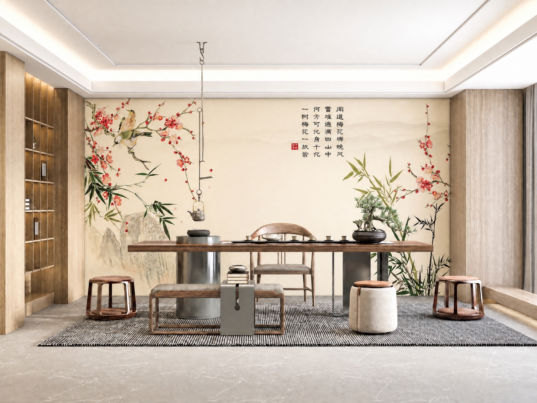 提高这张茶室效果图中背景墙刺绣图案的饱和度，同时整体提高画面亮… - 图片创意预览