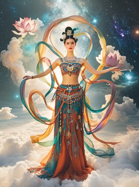 真人模特身披敦煌风格五彩斑斓且轻盈飘
逸的彩带，身着绣有精美莲花图案的华丽裙裾，在天空中翩翩起舞，模特身体周围环绕着
敦煌风格的祥云和飘花，背景是有着浩瀚星河的太空中，有零星的星星发出光芒预览效果