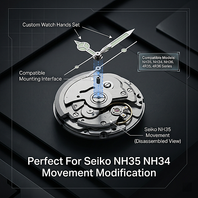 [Main Image 4] Modification Compatibility展示场景, Show the watch pointer matching with the NH35 movement through the exploded diagram, mark the compatible model information. Slogan text: "Perfect For Seiko NH35 NH34 Movement Modification". Text placed on the background negative space, layout layered, clean and professional, high contrast hard light, strictly maintain product shape consistent with original image. 2k resolution, 1:1