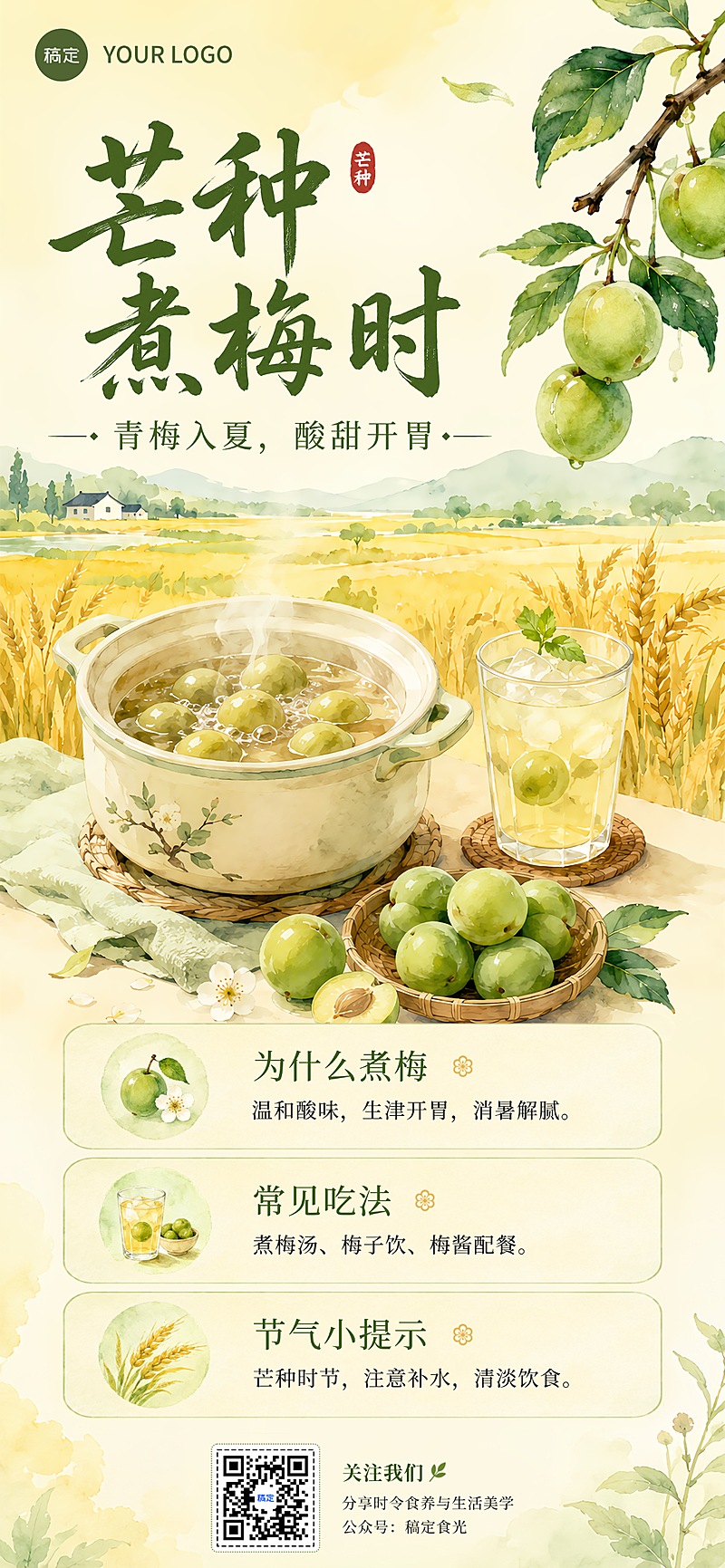 芒种节气时令煮梅养生科普宣传清新水彩风全屏竖版海报