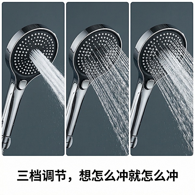 [原图参考] https://gdesign-dam-hz.dancf.com/35950858178121781/7ea7e426c88a4ad0b3fef106d062d925.jpg
增压手持淋浴花洒功能展示主图，高亮通透，简约高级电商风格，使用和主图1完全一致的花洒款式，画面展示这款花洒的三种出水模式，采用三个小图并列排版展示不同出水效果，三个小图光影风格统一；下方居中添加文案"三档调节，想怎么冲就怎么冲"，字体为无衬线体，黑色，大小对比适中，不遮挡画面主体，深灰色简约背景，整体风格和首图保持统一，符合国内电商平台规范。