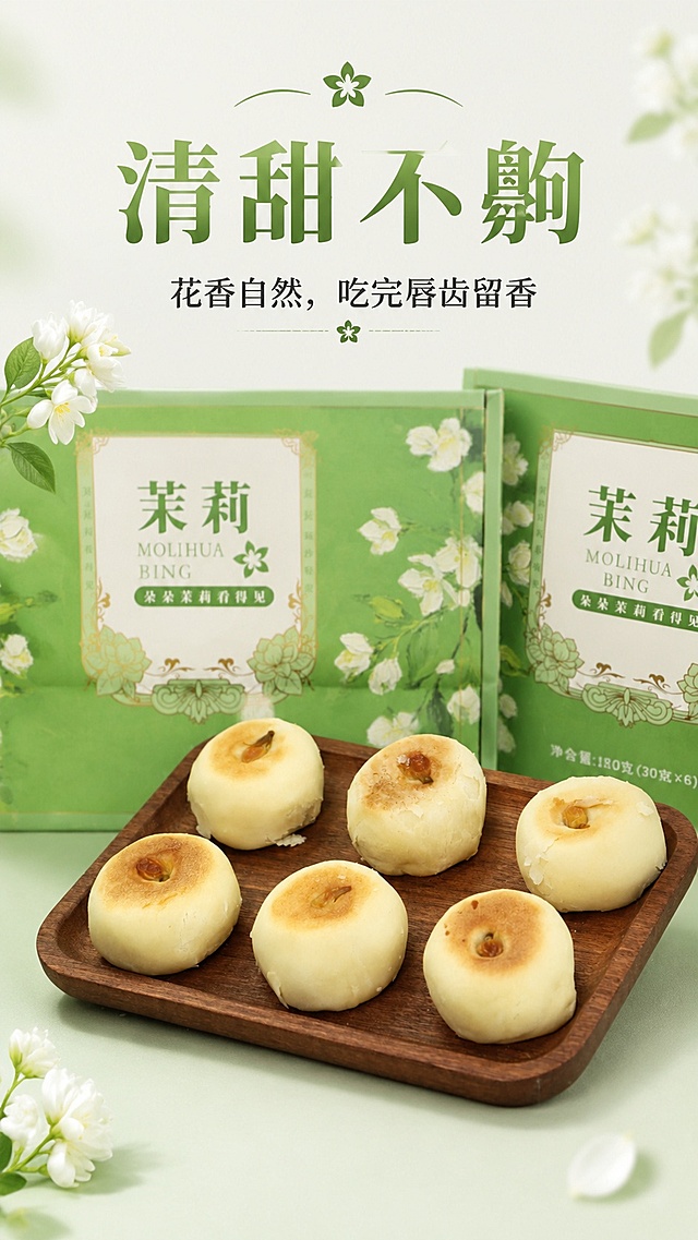 [第5屏] 整体口感总结屏，呈现清甜不齁唇齿留香特点。本屏使用【图2】作为产品主体展示。
[氛围/风格] 清新干净风，浅灰绿背景，突出产品本身，营造食欲感。
[元素布局] 六颗完整茉莉花饼摆放在木盘上，木盘居中，背景放产品包装盒，顶部标题区，主体占比约70%。产品外观排列和输入图一致。
[光影质感] 柔和自然光，产品松软质感突出，明暗层次自然。
[配色色系] 全局底色 #e9f3ec，主色浅绿+原木棕，清新舒适。
[视角构图] 正面微俯视，木盘产品居中，构图均衡。
[文字版式] 顶部标题，主标题「清甜不齁」，副标题「花香自然，吃完唇齿留香」，绿色加粗主标题，深色正文居中，不遮挡产品主体。
[比例分辨率] 9:16竖版比例，4K分辨率，文字清晰可辨，高清画质。
[负向提示词] 产品变形，颜色偏差，文字错乱，文字过小，背景杂乱