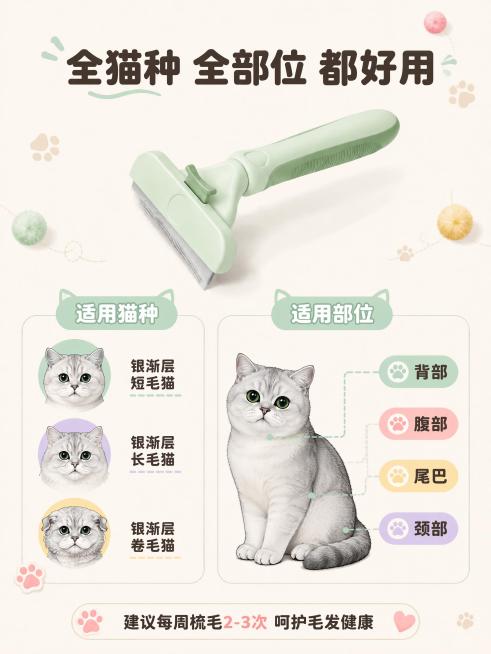 将图中所有猫咪形象替换为英短银渐层猫咪：左侧适用猫种三个头像分别替换为银渐层短毛猫、银渐层长毛猫、银渐层卷毛猫（均为银灰色毛发圆脸）；中间大猫咪替换为银灰色英短银渐层坐姿，毛尖黑色渐变，圆脸铜绿色眼睛预览效果
