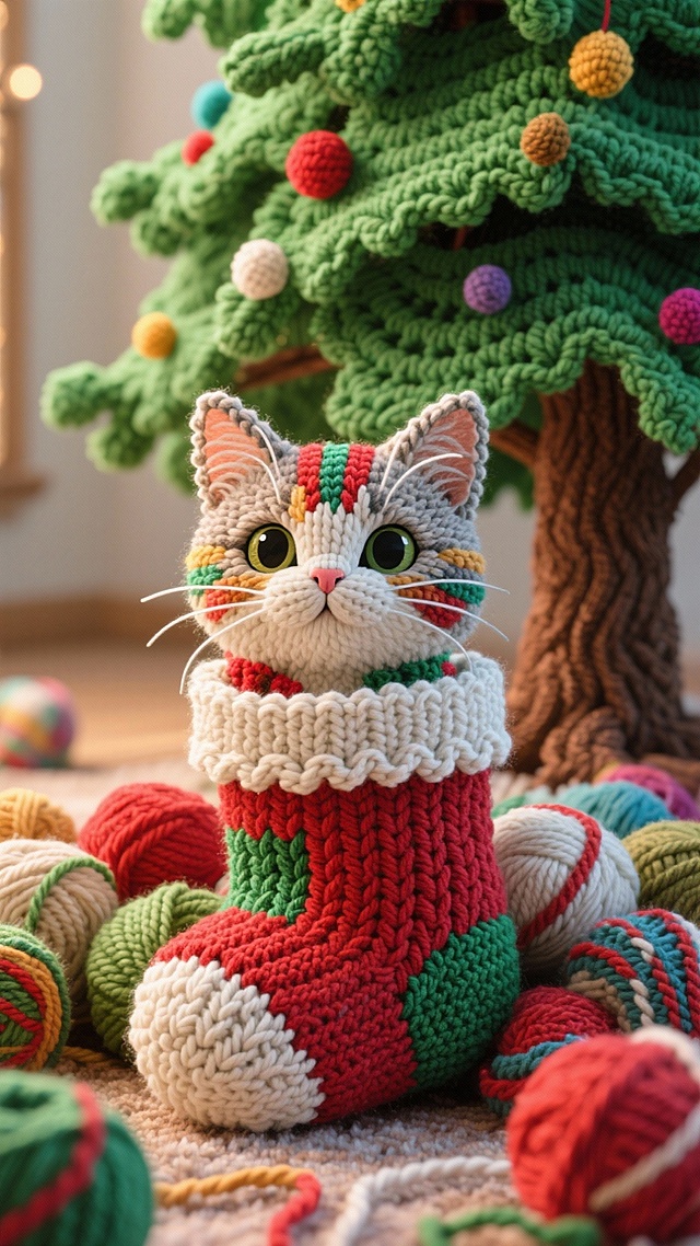 😸猫咪从圣诞袜探头撞上毛线圣诞树🎄