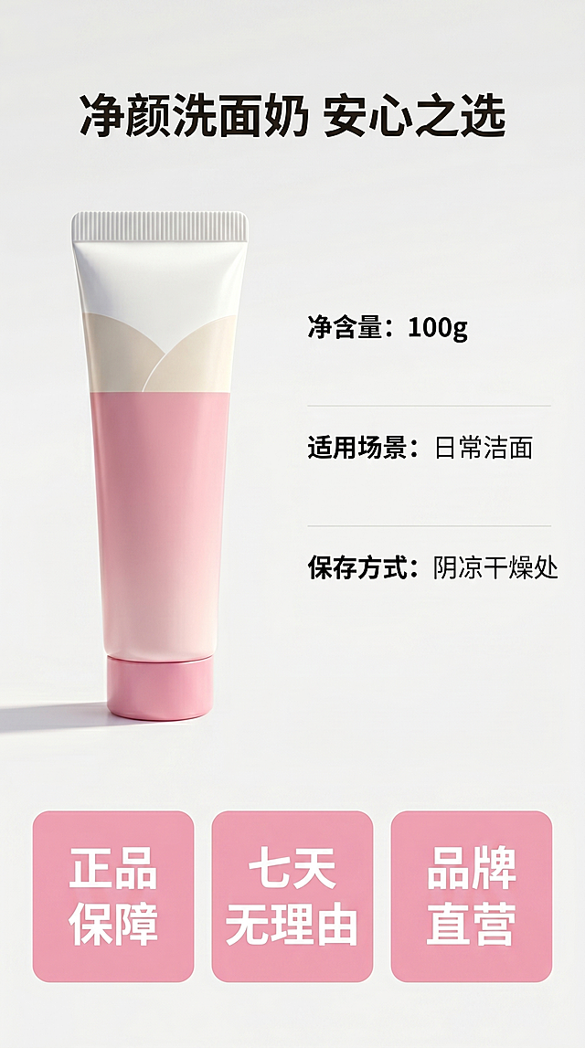 [第8屏] 本屏功能定义：粉色管装洗面奶产品规格信息与售后保障收尾屏。
[氛围/风格] 简约安心风格，清晰信息呈现，品牌信任感。
[元素布局] 上半部分左侧展示产品完整外观图，使用输入产品图【图1】保持颜色结构比例不变，右侧为核心规格信息列表；下半部分为三个安心保障卖点卡片，横向排列。背景为浅灰色渐变，整体留白舒适，信息层级清晰。产品占据左侧约45%宽度，规格文字在右侧，保障卡片占底部约30%高度。
[光影质感] 均匀柔和布光，产品光影自然，文字信息清晰，整体干净专业。
[配色色系] 全局底色：#F5F5F5（浅灰）；产品保持原有粉白配色；保障卡片底色：#F7B8C8淡粉色；文字：主色#222222，辅助色#666666。
[视角构图] 左上产品右信息+下保障卡片，现代简约构图，移动端清晰阅读。
[文字版式] 顶部主标题「净颜洗面奶 安心之选」，居中粗体；规格信息区域列出：「净含量：100g」「适用场景：日常洁面」「保存方式：阴凉干燥处」，每行清晰排版；底部三个保障卡片分别文字：「正品保障 | 七天无理由 | 品牌直营」，白色文字在淡粉色卡片上，清晰易读。
[比例分辨率] 9:16竖版比例，2K分辨率，文字清晰可辨，超高清。
[负向提示词] 信息错误，产品变形，文字模糊，颜色偏差，虚假承诺。
