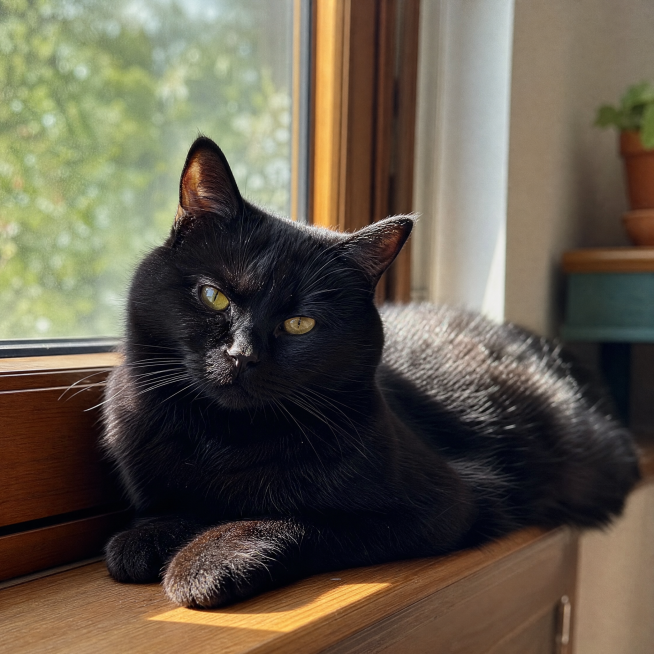 一只纯黑色的猫咪，安静地趴在木质窗台上，午后阳光透过玻璃洒下，毛发油亮蓬松，眼神慵懒，氛围温馨治愈，高清写实风格预览效果