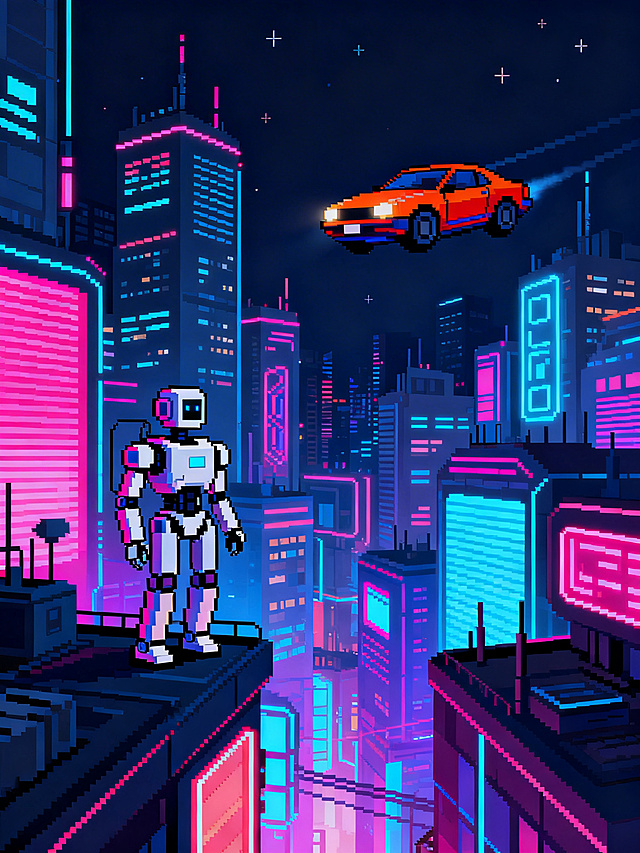 像素风格的赛博朋克城市，画面中有机器人，还有飞天的汽车，霓虹灯光，充满科技感和未来感，像素块风格鲜明，赛博都市夜景