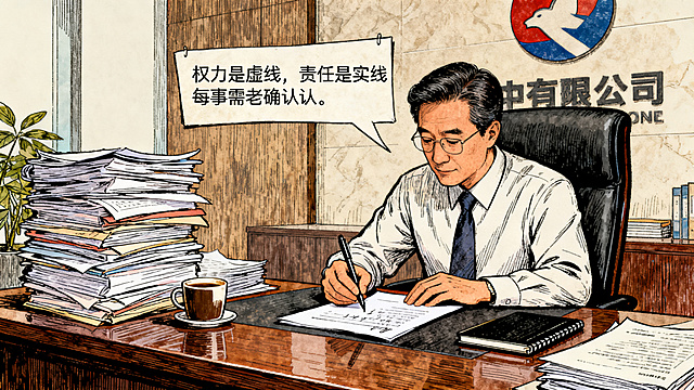 手绘风格，表现职场场景中老板审批签字的画面，配文"权力是虚线，责任是实线"，传达每一件事都需要老板确认的管理现象