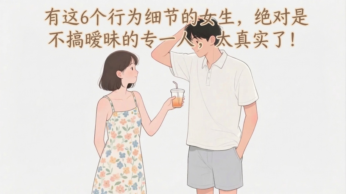 在图片的上方合适位置添加文字：“有这6个行为细节的女生，绝对是不搞暧昧的专一人，太真实了！”，文字风格柔和，和整体插画风格适配，不遮挡人物主体预览效果