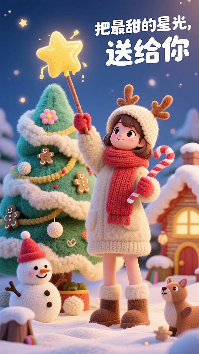 梦幻软3D风格，卡通粘土质感，毛发生长细节，甜蜜圣诞场景，萌趣女孩手持星光棒与拐杖糖，传递温暖节日祝福。