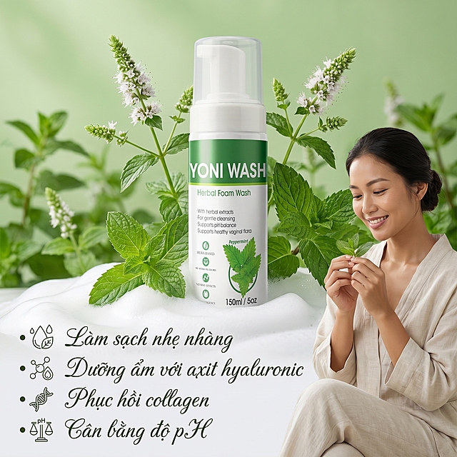 图中的YONI WASH薄荷护理液产品，放置在清新绿色薄荷香调的自然背景中，瓶子下方添加绵密白色泡沫，背景清新柔和，画面右侧加入一位温柔的东南亚女性形象，体现私密护理温和健康的理念，下方添加越南语功效文案：• Làm sạch nhẹ nhàng• Dưỡng ẩm với axit hyaluronic• Phục hồi collagen• Cân bằng độ pH，四条功效使用花字，每条前面添加符合文案意思的小图标。整体画面干净清新，1:1构图，商业产品摄影风格，高级质感。