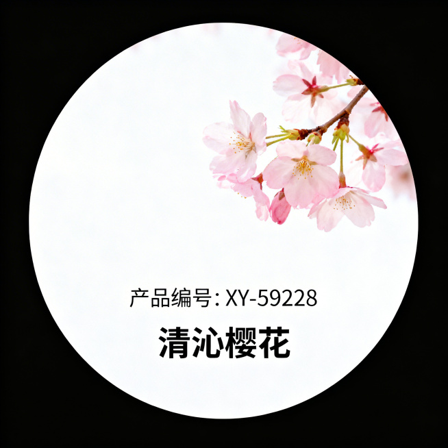 圆形产品标签，真实生活化风格，干净无复杂背景，整体正圆形，搭配真实自然的粉嫩樱花元素，图案清新自然不虚假，清晰标注文字：产品编号"XY-59228"，产品名称"清沁樱花"，清新简约适合作为产品标签预览效果