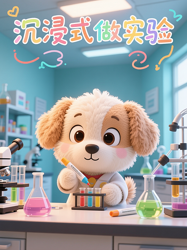 3D卡通风格，环境明亮，可爱小狗玩偶，在大学实验室认真做实验，顶部手写可爱大文字”沉浸式做实验“