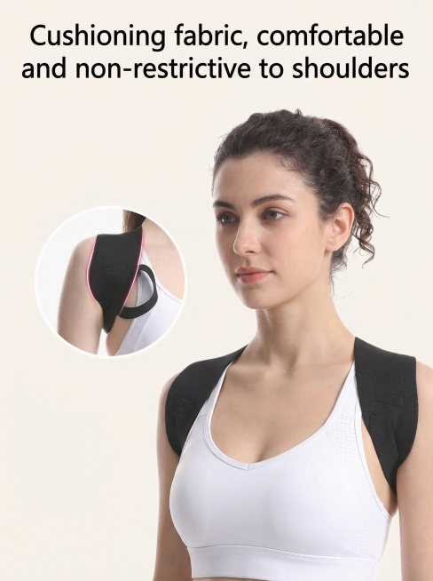更换模特外貌，把图中的中文文字换成英文，文案内容为'Cushioning fabric, comfortable and non-restrictive to shoulders'预览效果