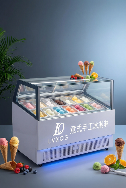 严格还原参考图中的意式手工冰淇淋展示柜，包括包装设计、颜色、LOGO位置、文字内容“IO LVXOG 意式手工冰淇淋”、图案元素等所有细节，产品外观必须与参考图完全一致，保持产品的真实金属哑光质感。画预览效果