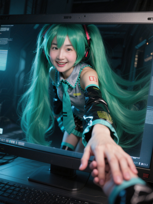 真人cosplay初音未来从电脑屏幕爬出来，脸上带着俏皮，手伸出来握住我的手，写实风格，处于奇幻神秘的科幻场景，动作自然，真实摄影，特写镜头，厚涂，暗调，明暗交替对比，有冲击力的画面，精细，背景有质感预览效果