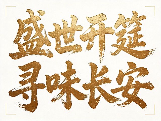 透明背景，无任何底色。平面艺术字体设计，八个字"盛世开筵 寻味长安"，所有文字单行横向排列，狂草书法风格，笔势狂野奔放大气磅礴，飞白枯笔技法，带有斑驳粗糙的书法质感，烫金色浮雕金漆材质，保留自然飞白纹理。仅包含这八个字，不得增加、遗漏或替换任何一个字。文字整体必须完整呈现在画面内不可被裁切，四周留有安全边距。比例4:3