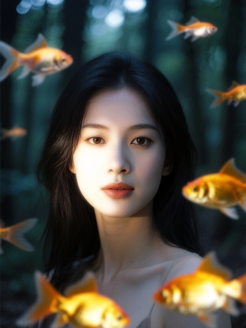 森林少女，环绕动态模糊的金鱼，金鱼发光，梦核暗调。脸部一束光，奶油肌，特写预览效果