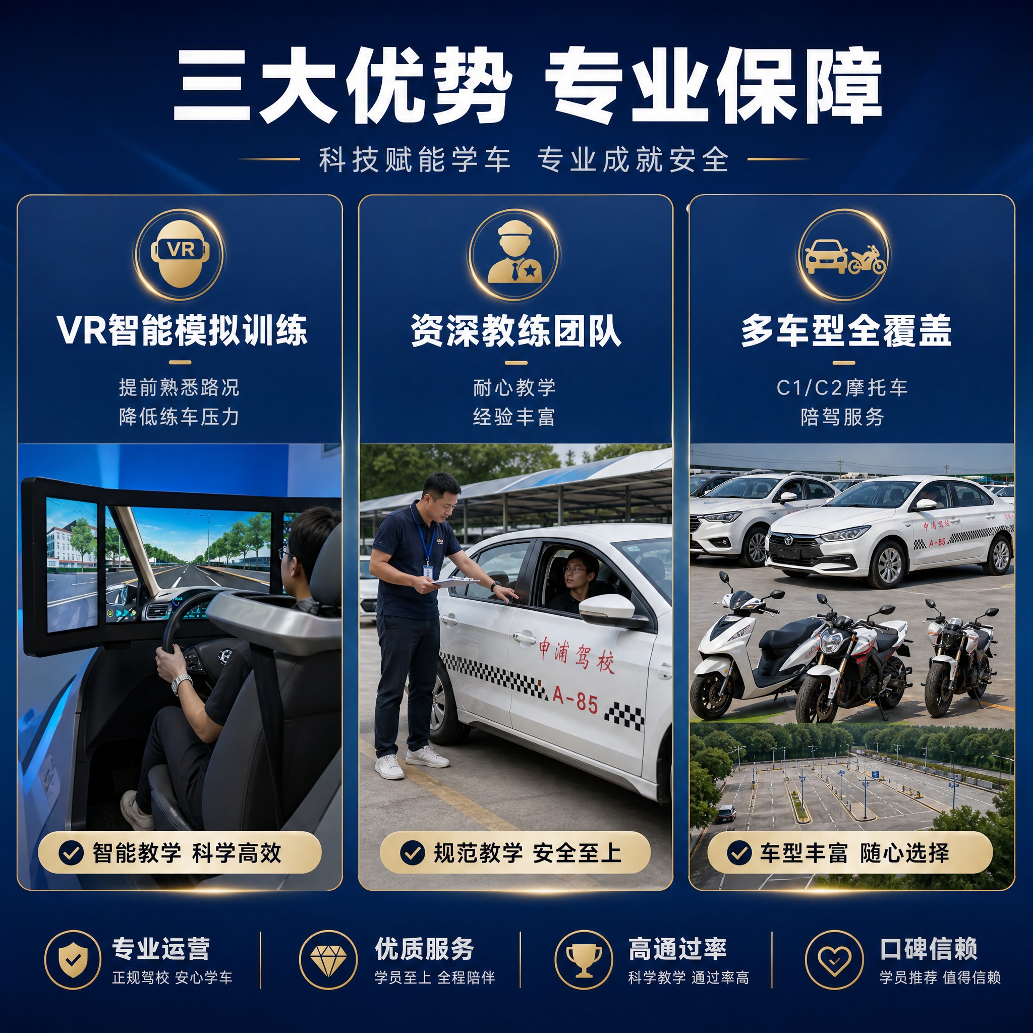 [主图-3] 服务亮点与专业证明。展示驾校三大核心优势：VR智… - 图片创意预览