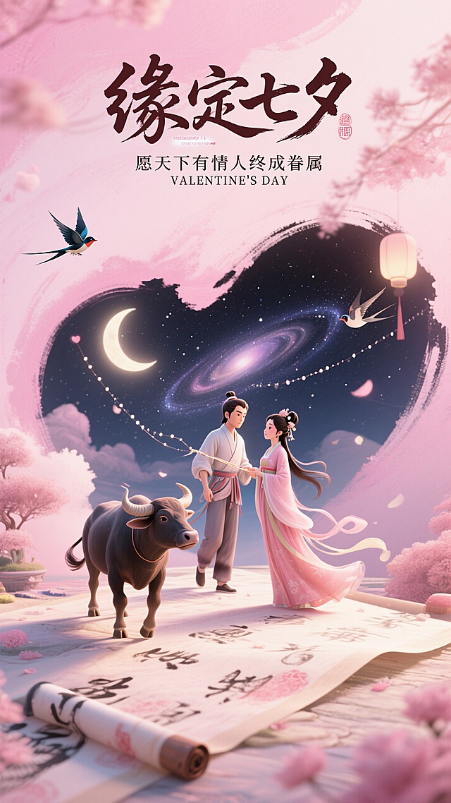 以七夕传说为底，借粉樱、心月、星河，绘牛郎织女相会，愿天下有情人皆成眷属，传递浪漫祈愿。