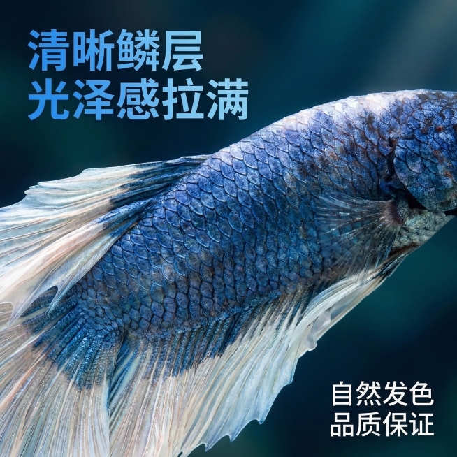 [主图 3] 蓝白泰国斗鱼细节特写
[主图主题] 蓝白泰国斗鱼鳞片细节展示
[氛围风格] 微距高清质感，真实通透
[画面元素] 微距特写放大斗鱼的鱼鳞纹理，清晰展示蓝白分界的鱼鳞质感，鱼身位于画面中心预览效果