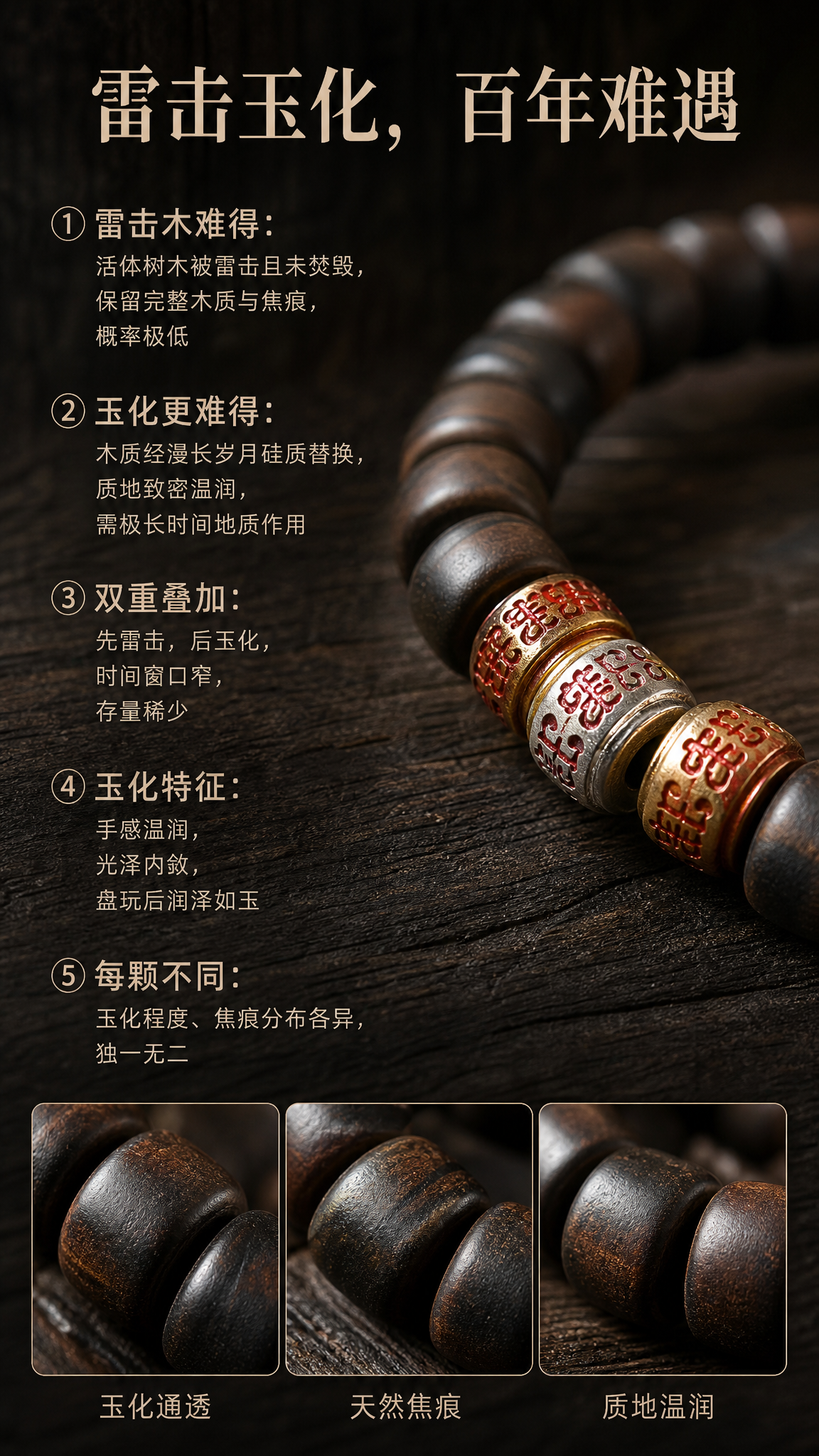 第3屏：材质卖点-雷击木+玉化。基于image1-4手串，生成… - 图片创意预览