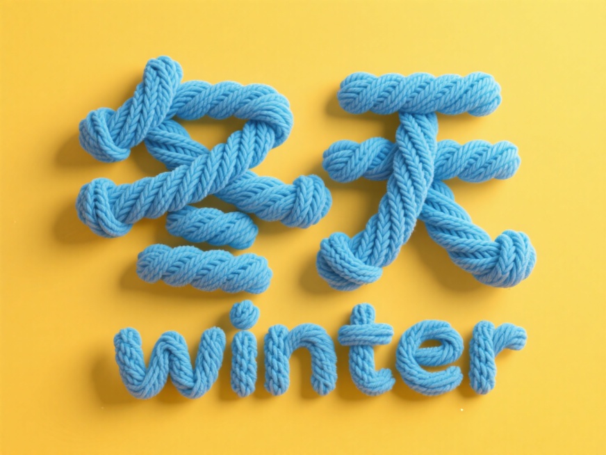 “冬天”“winter”织物风格卡通字体，构造方式为蓝色的线缠字体结构，多层布纹扭动，字体像纺织机编织，搭配织布纹理，手工质感强烈，黄色背景预览效果