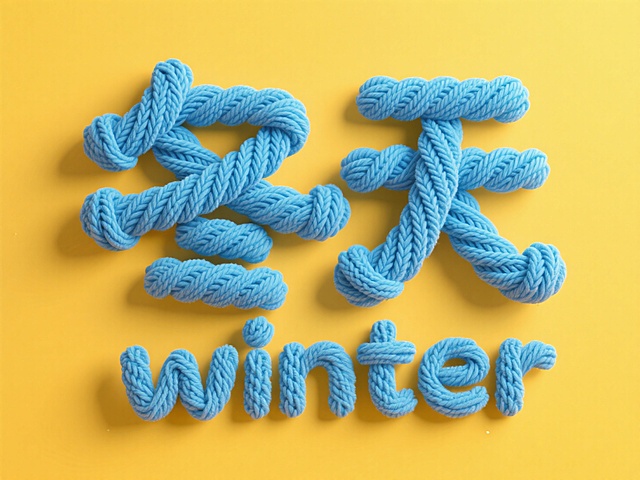 毛线编织的“冬天”与“winter”字样，3D重拟物风格，柔软质感搭配温暖黄底，传递冬日温馨与舒适。