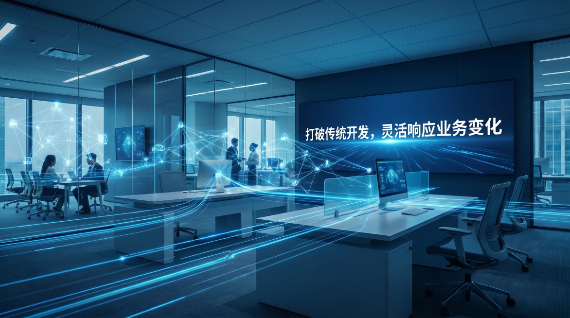 商务科技风企业宣传配图，16:9比例，展示企业数字化办公场景，有抽象科技数据连线和现代办公空间元素，图中包含文字："打破传统开发，灵活响应业务变化"，风格简洁专业大气，深蓝色调科技质感，用于企业宣传介预览效果