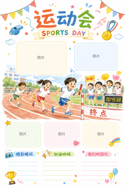 小学六年级毕业纪念册运动会页，参考图片风格，白底手绘风，手绘跑步比赛场景，预留照片位置，尺寸A4 210*297mm预览效果