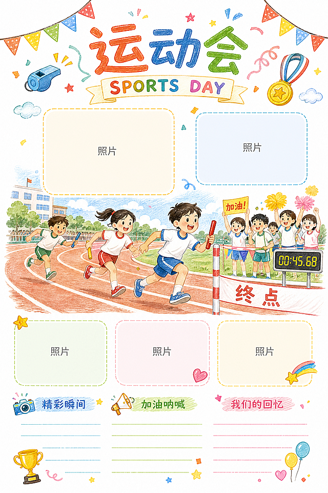 小学六年级毕业纪念册运动会页，参考图片风格，白底手绘风，手绘跑步比赛场景，预留照片位置，尺寸A4 210*297mm