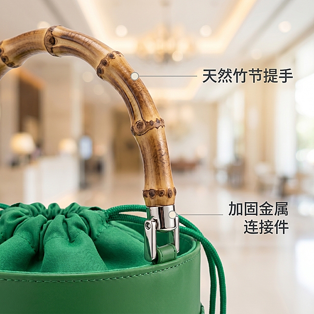[主图 2] 粽子袋竹节提手细节特写展示。保持粽子袋提手和袋口产品外观（物理结构、材质质感、颜色）与输入产品图绝对一致，去掉袋子上所有文字，杜绝任何变形和色差，精细化处理。替换背景为明亮高级酒店空间，背景虚化突出提手细节。商品主体占比严格控制在70%左右，画面满屏无边框。商业摄影质感、光线柔和通透、产品清晰真实、画面干净高级。光影：侧光突出竹节提手的天然纹理，金属连接件反光清晰质感高级，层次分明。配色：主调绿色产品搭配浅灰色酒店背景，对比适中突出细节。视角构图：近距离特写视角，景深较浅，焦点落在提手部位。文字版式：使用极细引线标注核心部位，引线末端配浅色定位光点。①标注「天然竹节提手」，②标注「加固金属连接件」。文字放在画面空白处不遮挡主体，深灰色清晰易读。比例分辨率：1:1 比例，2k 分辨率，文字清晰锐利，画面超高清。负向提示词：变形，水印，文字错乱，产品图模糊，背景杂乱，保留袋子原有文字，保留杂乱原背景