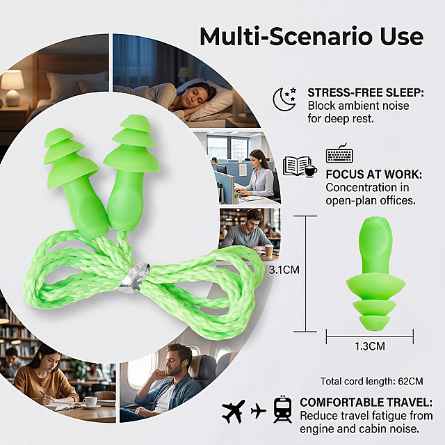 Keep the original green wired Christmas tree silicone earplugs completely unchanged, use slice effect design to show application in daily scenarios, the product does not get cut, non-white background, highlight English title "Multi-Scenario Use", add English application introduction, for cross-border e-commerce detail page single image.