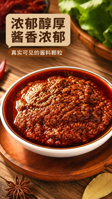 [第6屏] 酱料质地特写屏，展示麻辣干锅酱浓郁醇厚质地，本屏使用【图4】作为主体展示。
[氛围/风格] 微距美食特写，浓郁油润食欲感，暖调原木风摄影质感。
[元素布局] 酱料碗放置在画面中下位置，原木预览效果
