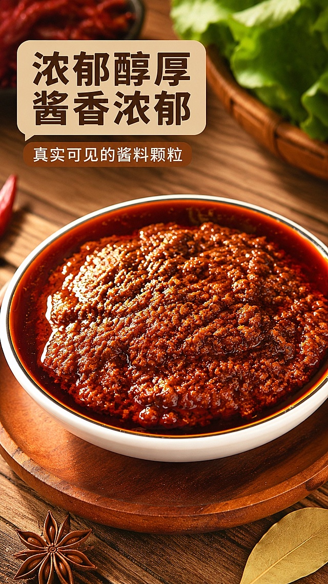 [第6屏] 酱料质地特写屏，展示麻辣干锅酱浓郁醇厚质地，本屏使用【图4】作为主体展示。
[氛围/风格] 微距美食特写，浓郁油润食欲感，暖调原木风摄影质感。
[元素布局] 酱料碗放置在画面中下位置，原木托盘衬托，前景点缀八角和香叶，保持酱料颜色和质地和原图一致。
[光影质感] 侧光打亮酱料纹理，突出颗粒感和油润光泽，阴影自然过渡，整体通透。
[配色色系] 全局底色#e6d7bc，主色红棕酱料，辅助色白色碗、原木色托盘和台面。
[视角构图] 平视微俯视，酱料为视觉中心，景深较浅突出质地。
[文字版式] 左上主标题「浓郁醇厚 酱香浓郁」副标题「真实可见的酱料颗粒」，深色圆角字体，色块底衬，不遮挡酱料主体。
[比例分辨率] 9:16 竖版比例，宽度1080px，4K分辨率，文字清晰可辨，高清画质。
[负向提示词] 酱料质地失真，结块怪异，颜色偏差，文字错乱，文字过小，水印