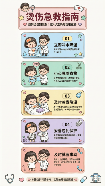 杰作，最高画质，超高清，细节丰富，烫伤急救科普信息图海报，卡通手绘风格，可爱马克笔水彩质感，明亮柔和的马卡龙低饱和配色，干净纯白色背景，模块化分步排版，每个步骤模块带彩色圆角边框，清晰的中文标注文字，预览效果