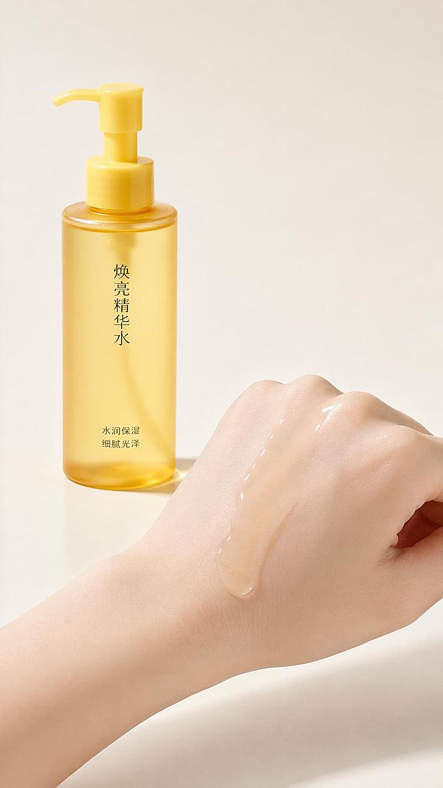 使用爆款主图复刻技能生成1张比例1:1的电商主图，适配平台为淘宝/天猫，商品为「图片1」，参考图为「图片1」，商品卖点为质地清爽通透，上肤易吸收，补水同时不会黏腻闷肤  长效滋润肌肤，改善干燥粗糙，让肤质细腻透亮有光泽  按压泵头设计，取用干净便捷，能很好控制用量，避免浪费  适配多种肤质，日常湿敷、轻拍护肤都适用，四季均可使用，柔和自然光拍摄，保留浅淡自然投影；分别拍摄产品全景、泵头细节、瓶身文字特写等8张图片，图片比例选用9:16竖版，整体画面干净简约，风格统一柔和。
