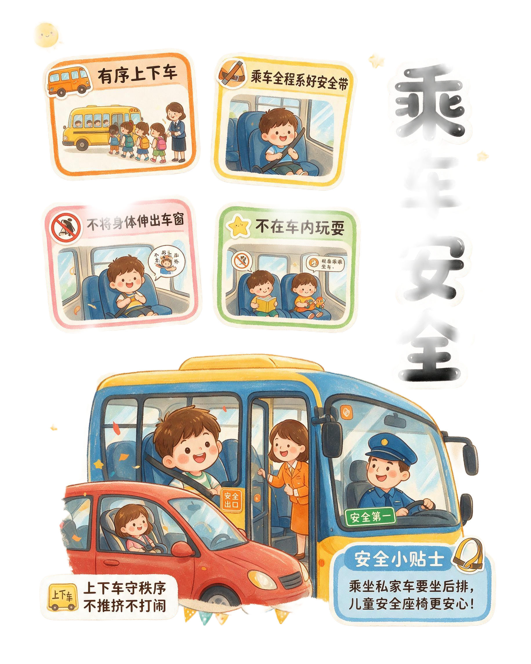 竖版儿童乘车安全科普海报，浅米色牛皮纸质感底色，外围白色虚线装… - 图片创意预览