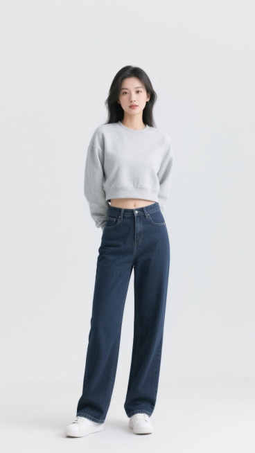 一位年轻亚洲女性的全身人像，人物正面站立，双手背在身后，姿态自然，表情平静。采用高清商业摄影风格，柔和均匀的正面光源，白色纯色背景，画面干净简洁，主体突出。人物展示完整，包括发型、面部表情、身形姿态。穿搭改为简约时尚风格：上身是一件浅灰色的宽松短款卫衣，搭配一条高腰深蓝色直筒牛仔裤，脚穿白色运动鞋，整体休闲舒适，符合日常穿搭展示需求。预览效果