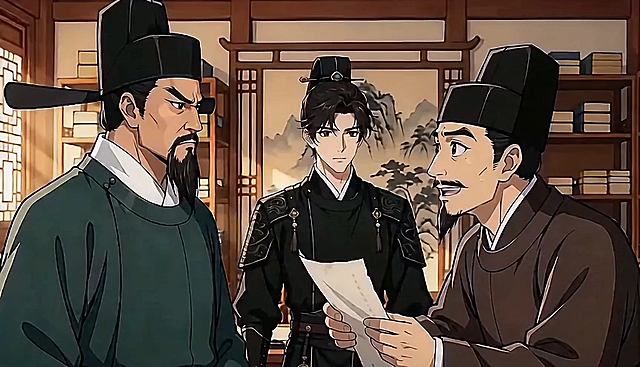 水墨风与动漫风融合，古典中式场景中三位官员围绕文书展开对话，政务感十足，人物表情细腻，故事感强烈。