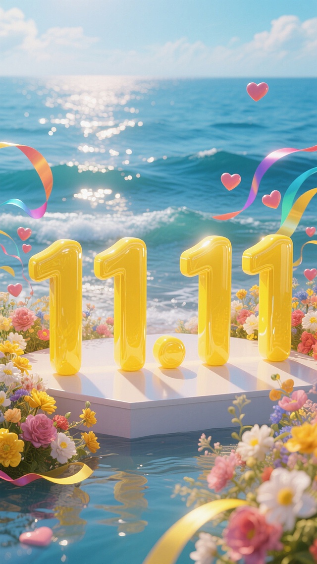 柠檬黄色立体字 “11.11”单排置于展台上，周围环绕鲜花、彩带、爱心等元素，海水背景