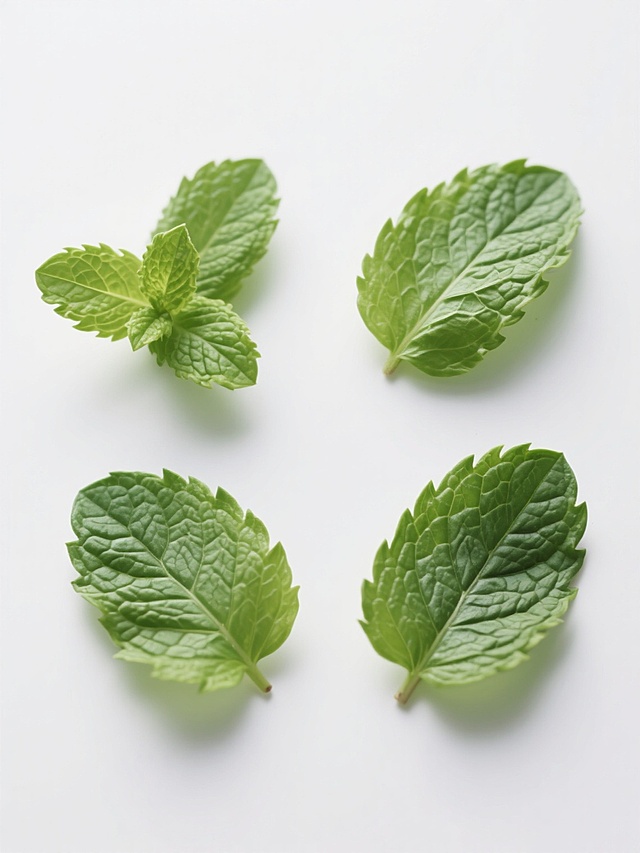 超写实摄影风格，纯色白色背景，简约现代设计感，画面中四个薄荷叶素材呈规整排布，每个素材为不同形态的新鲜薄荷叶，叶片表面具有清晰可见的细密纹理和凹凸质感，呈现出鲜亮的嫩绿色至深绿色渐变，叶片边缘自然卷曲，叶脉清晰分明，整体光影柔和，高光与阴影过渡自然，无任何文字、logo或水印，突出薄荷叶的自然形态与细节质感。