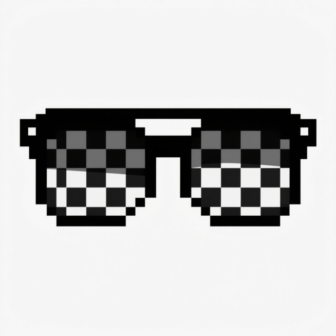 8-bit pixel art style sunglasses on pure white background, black rectangular frame with horizontal bridge, pixelated checkered reflection pattern on lenses, sharp 1x1 pixel edges, limited color pale……预览效果
