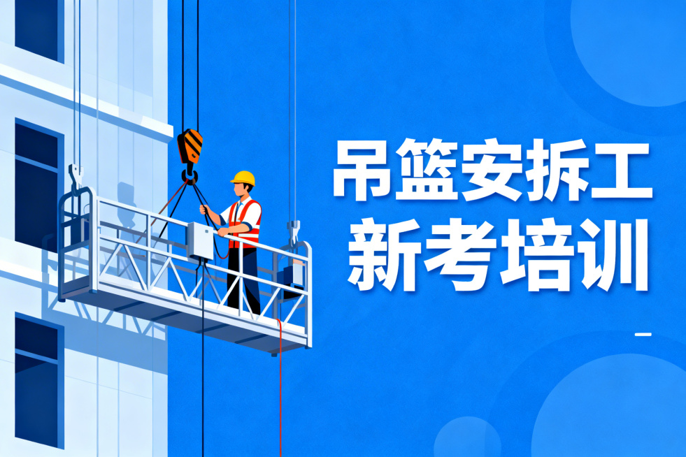 吊篮安拆工新考培训宣传图，和之前的工种培训图风格统一，蓝色商务简约风，左侧是工人进行高处作业吊篮安装拆卸的写实场景插画，右侧醒目显示文字'吊篮安拆工 新考培训'，整体清晰规范预览效果