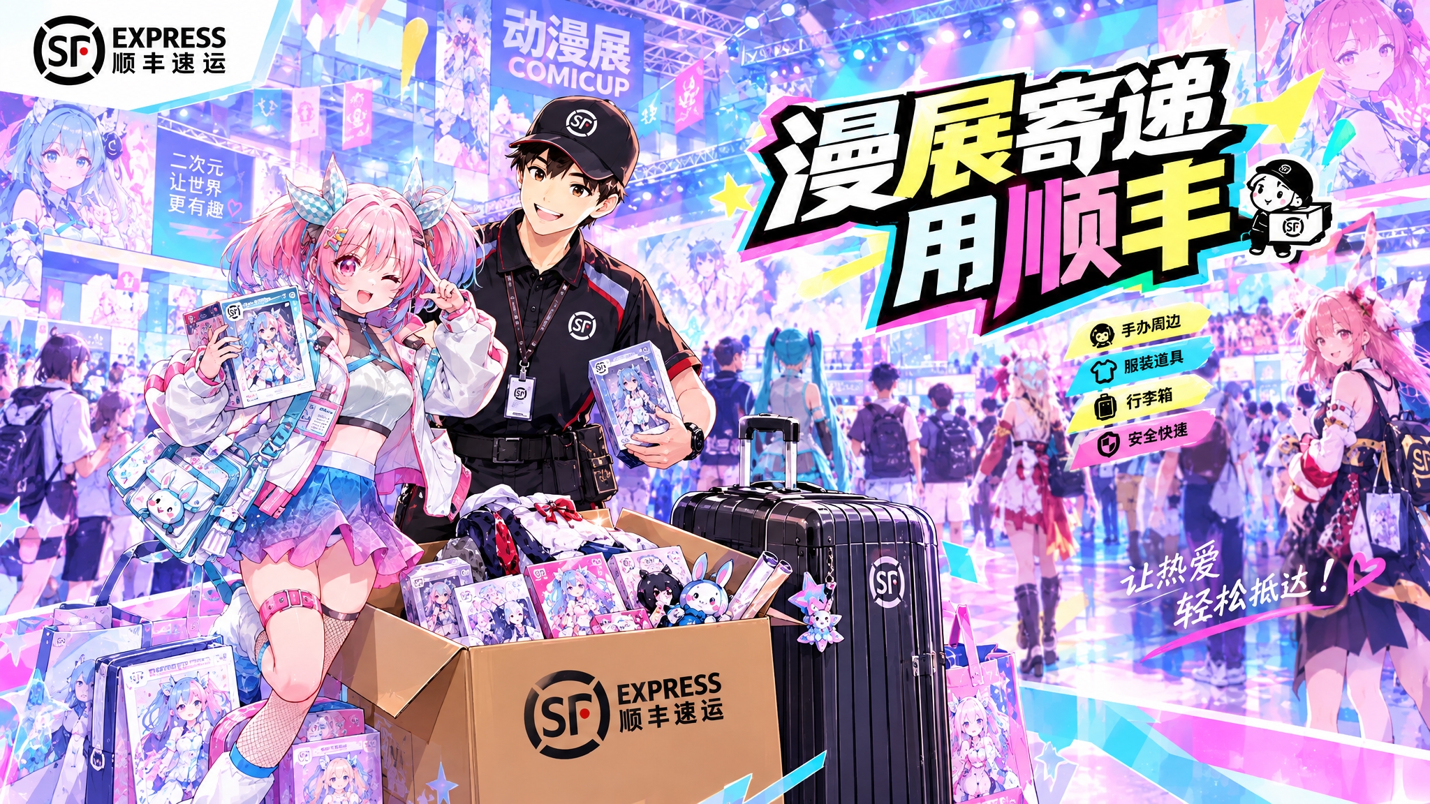 将第二张图的粉色双马尾二次元少女IP形象加入第一张漫展广告画面… - 图片创意预览