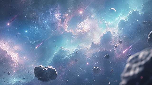 深空宇宙场景，冷灰蓝 + 淡青马卡龙星云，细碎星尘漫天，流星拖淡粉色光尾，小型岩石小行星环绕，柔和宇宙漫光，浅景深，太空静谧氛围，OC 渲染