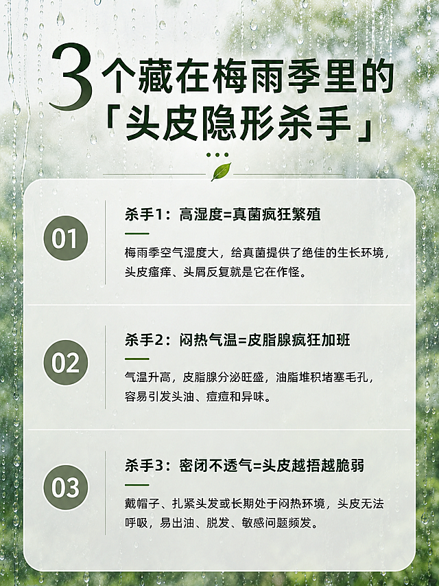 重新排版线条和文字，调整01、02、03每个分区磨砂色块的上下宽度，消除移除图片后左侧空白的突兀感，让整体布局协调自然，保留原有绿色雨天背景和所有文字内容