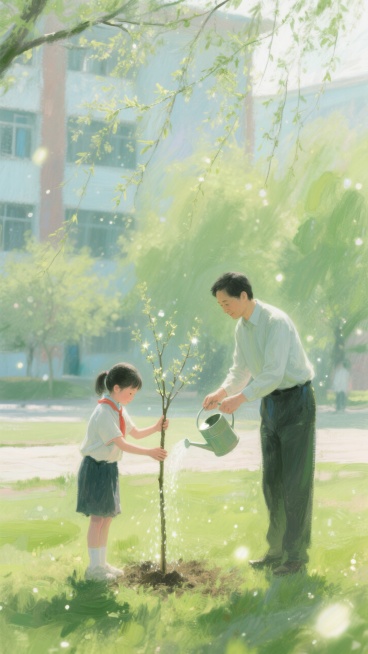 老师带着学生在校园里种树，学生扶着小树苗，老师在旁边浇水，背景是抽芽的柳枝，色调为嫩绿色。预览效果