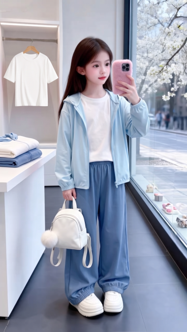用图1的纯棉短袖和连帽外套以及裤子替换图的2的人物穿的衣服裤子和旁边桌子上折叠的衣服以及后方衣架上挂着的衣服，保留原场景光影，保持图2的人物的五官和发饰不变，姿势不变，背景不变，图片宽高尺寸不变，保预览效果